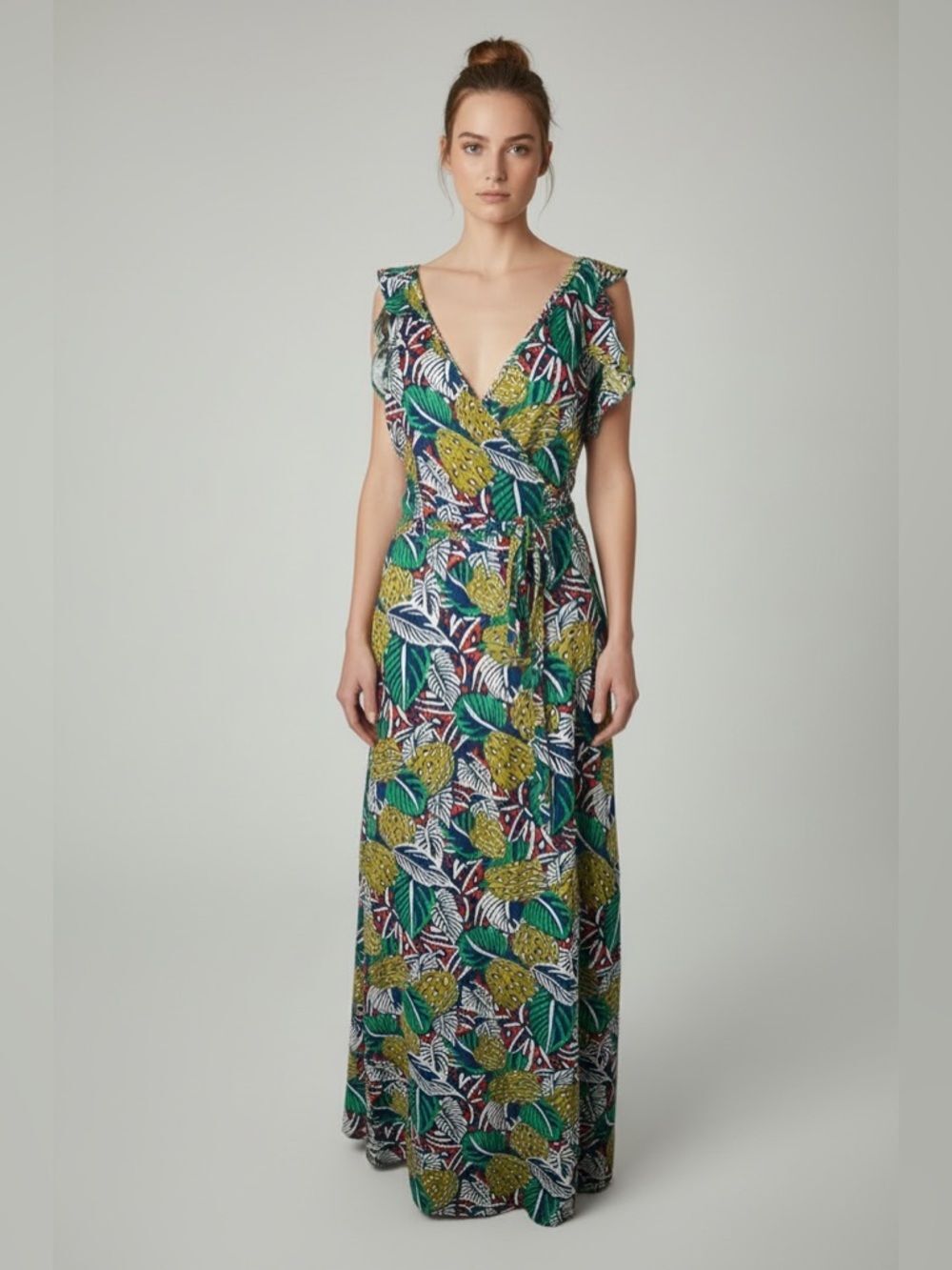 Tropical Leaf Print Wrap Maxi Dress Beachy, summer, one size bihemian